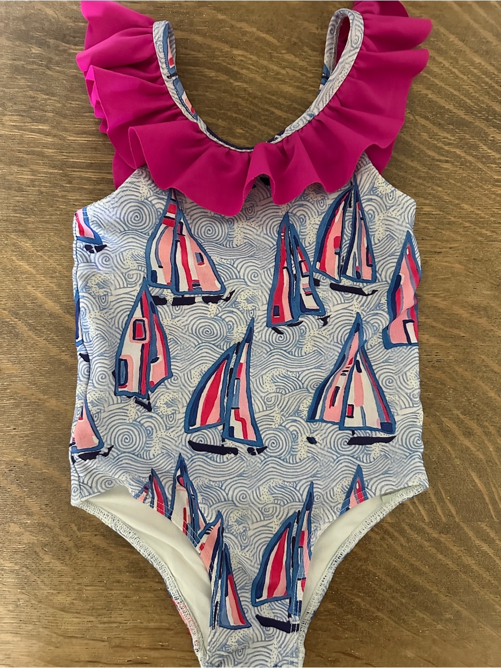 Girls One-Piece Sailboat Swimsuit with Pink Ruffle